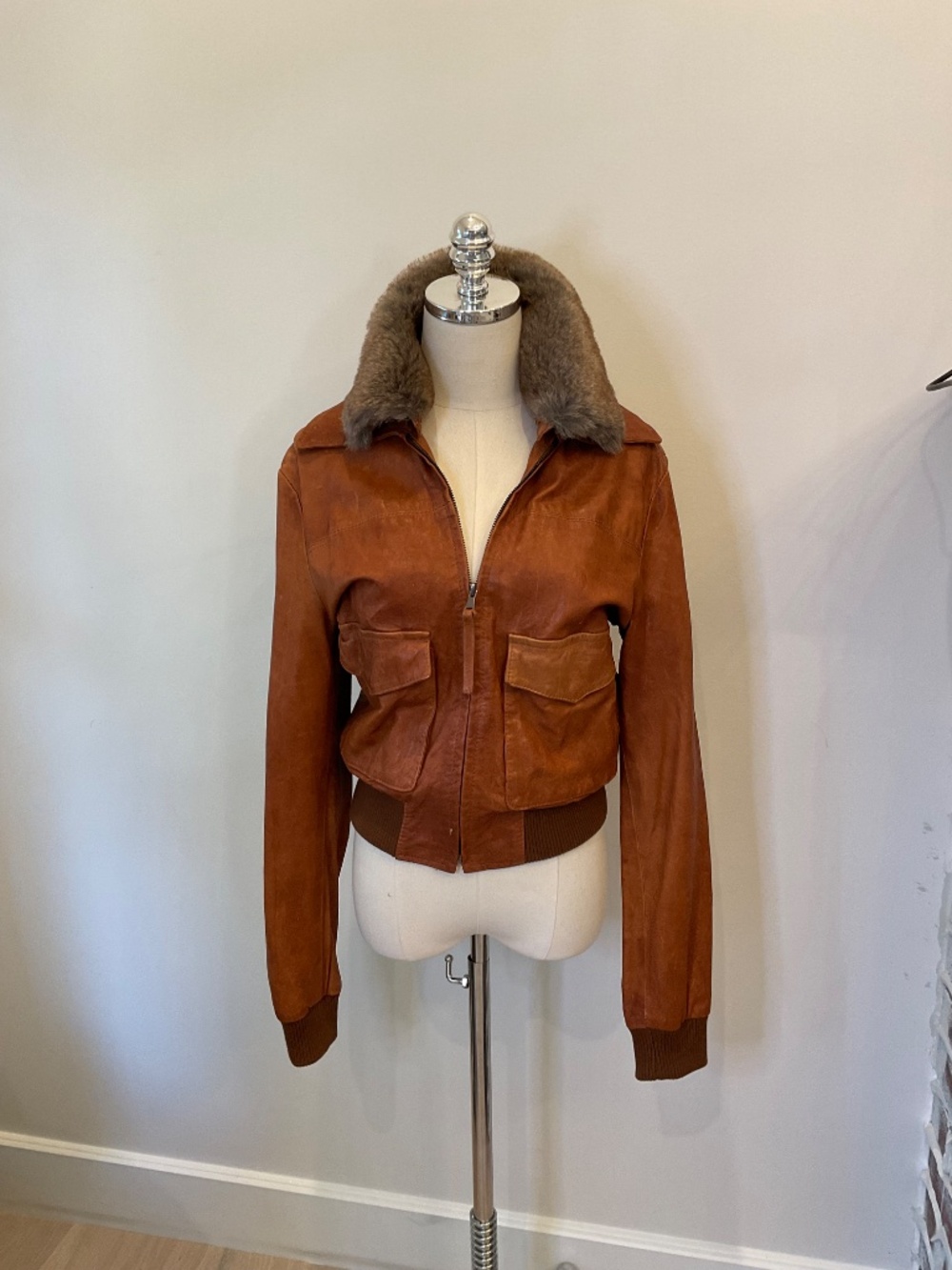 PLEASE Italy Cognac Brown Leather Cropped Aviator Bomber Jacket Faux Fur Collar